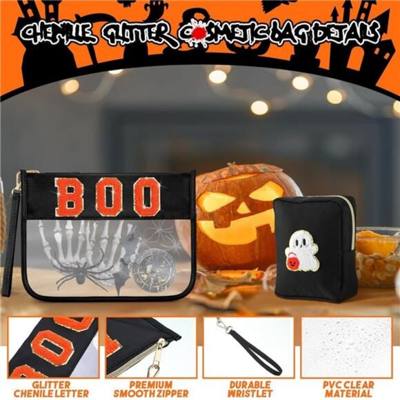 Halloween 2 Pcs spooky Cosmetic bag Snack Bag ,Clear Zipper Letter Travel - Picture 5 of 7